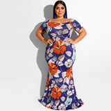 Women Plus Size Maxi Dresses Printed Sexy Off-Shoulder Skinny Sheath Dress