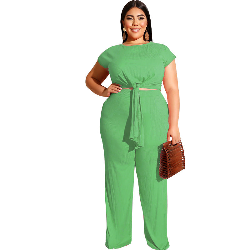 Women Plus Size Co-Ords Fashion Casual Straight Pants Lace-up T-shirt Two-Piece Set