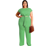 Women Plus Size Co-Ords Fashion Casual Straight Pants Lace-up T-shirt Two-Piece Set