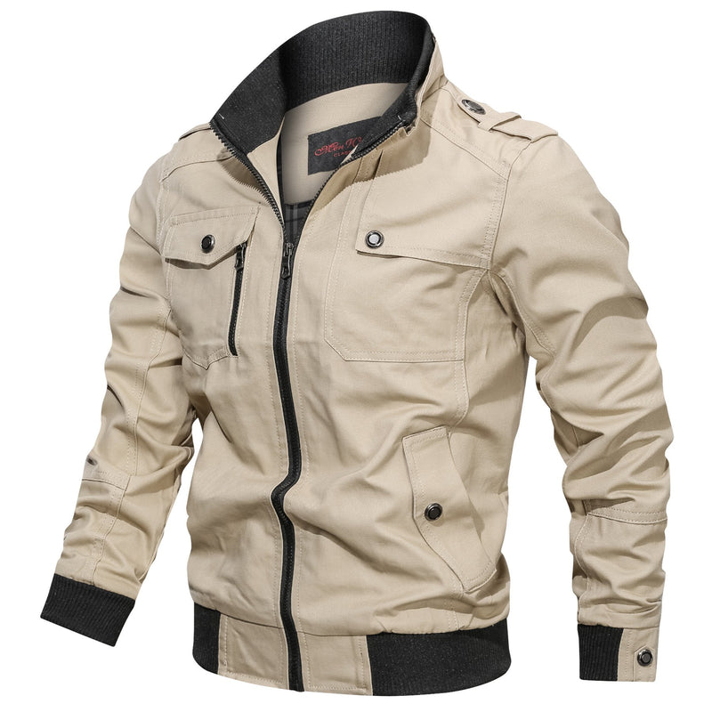 Men Fit Bomber Jacket Windbreaker Moto Street Coat Casual Solid Color Jacket Zipper Pocket Standing Collar