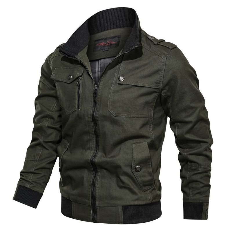 Men Fit Bomber Jacket Windbreaker Moto Street Coat Casual Solid Color Jacket Zipper Pocket Standing Collar