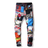 J Shaped Jeans Straight Ripped Colorful Cloth Stitching Denim Trousers