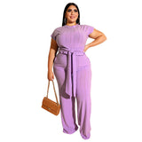 Women Plus Size Co-Ords Lace Straight-Leg Pants Solid Color Fashion Casual Set