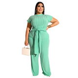 Women Plus Size Co-Ords Lace Straight-Leg Pants Solid Color Fashion Casual Set