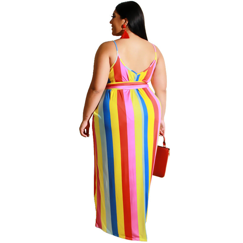 Women Plus Size Maxi Dresses Striped Spaghetti Straps Sexy Straight Dress with Belt