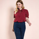 Women Plus Size Tops Red Polka Dot Top Simple Stand Collar Top