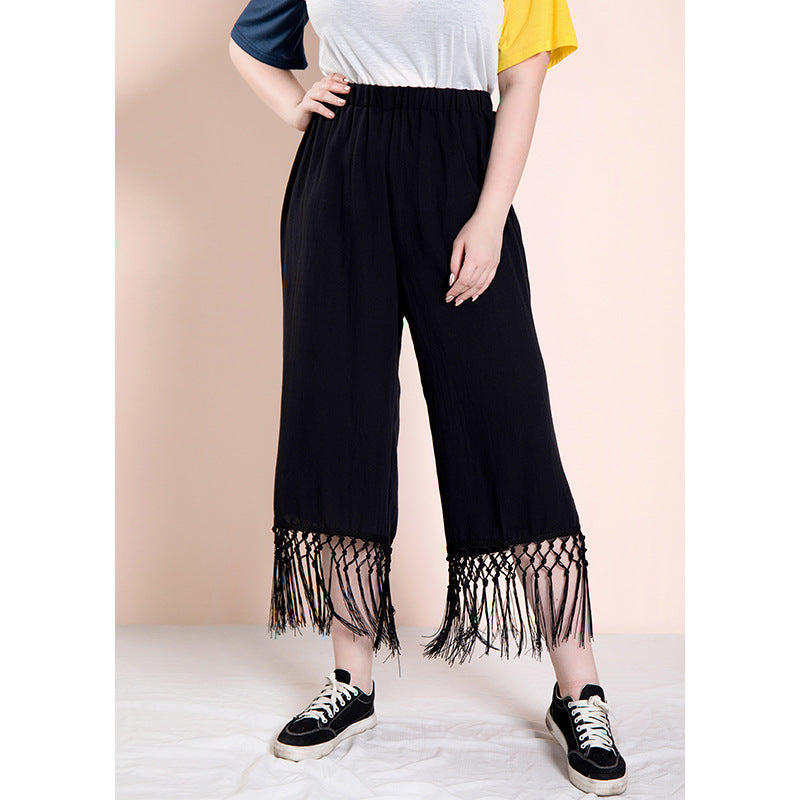 Women Plus Size Pants Black Casual Tassel Loose Wide Leg Pants