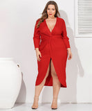 Women Plus Size Midi Dresses Sexy V-neck Pleated Slim Dress