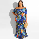 Women Plus Size Maxi Dresses Printed Sexy Off-Shoulder Skinny Sheath Dress