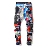 J Shaped Jeans Straight Ripped Colorful Cloth Stitching Denim Trousers