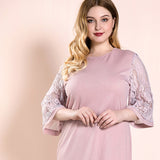 Women Plus Size Midi Dresses Autumn Crew Neck Pink Dress Lace Sleeve