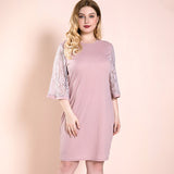 Women Plus Size Midi Dresses Autumn Crew Neck Pink Dress Lace Sleeve