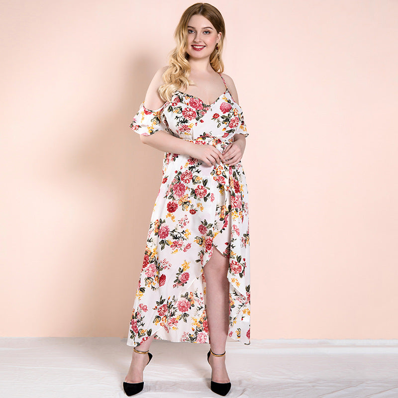 Women Plus Size Maxi Dresses Early Autumn Sling Irregular Pattern Print Bohemian Dress