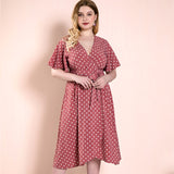 Women Plus Size Midi Dresses Polka-Dot Self-Tie Corset One-Piece Split Dress