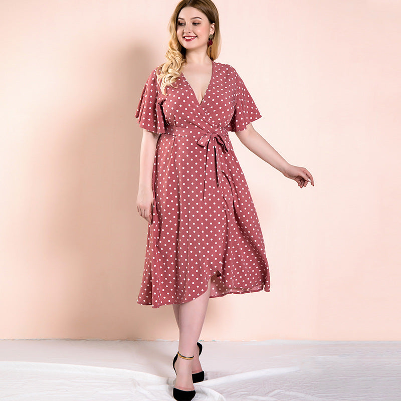 Women Plus Size Midi Dresses Polka-Dot Self-Tie Corset One-Piece Split Dress