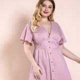 Women Plus Size Maxi Dresses Ruffled V-neck Pink Midi Dress