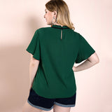 Women Plus Size Tops Summer Green T-shirt Ruffle Sleeve Round Neck Bowknot Casual Top