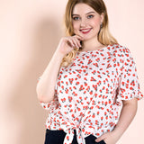 Women Plus Size Tops Bell Sleeve Loose Round Neck Red Floral Print Top