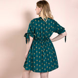 Women Plus Size Midi Dresses Green Fruit Printed Sleeve Bow Dress