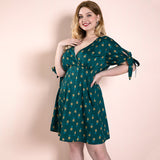 Women Plus Size Midi Dresses Green Fruit Printed Sleeve Bow Dress