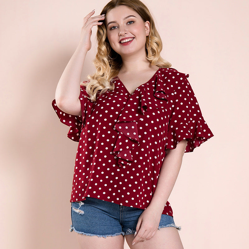 Women plus Size Tops Red Polka-Dot Loose-Fitting Pullover Leisure Vintage Top for Women