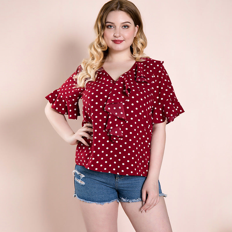 Women plus Size Tops Red Polka-Dot Loose-Fitting Pullover Leisure Vintage Top for Women