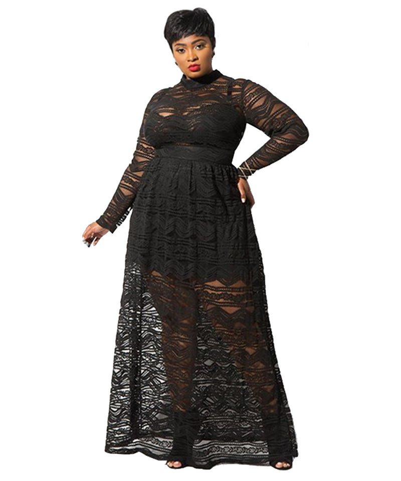 Women Plus Size Maxi Dresses Lace Round Neck Sexy Slim Fit Slimming Evening Dress