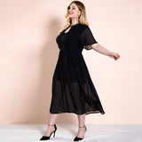 Women Plus Size Maxi Dresses Summer Ruffled Lace Black Chiffon Holiday Dress