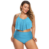 Women Plus Size Swimwear Bandeau Bikinis Halter Lace-up Split Swimsuit Flounced High Waist Triangle Two-Piece Suit