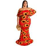 Women Plus Size Maxi Dresses Floral-Print Off-Shoulder Tight Bodycon Sexy Dress