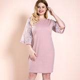 Women Plus Size Midi Dresses Autumn Crew Neck Pink Dress Lace Sleeve