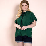 Women Plus Size Tops Summer Green T-shirt Ruffle Sleeve Round Neck Bowknot Casual Top