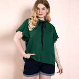 Women Plus Size Tops Summer Green T-shirt Ruffle Sleeve Round Neck Bowknot Casual Top