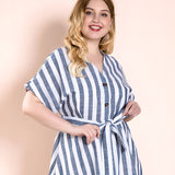 Women Plus Size Midi Dresses Spring and Summer Sexy V-neck Striped Blue Belt Dress