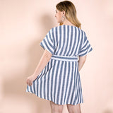 Women Plus Size Midi Dresses Spring and Summer Sexy V-neck Striped Blue Belt Dress