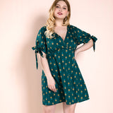 Women Plus Size Midi Dresses Green Fruit Printed Sleeve Bow Dress