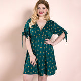 Women Plus Size Midi Dresses Green Fruit Printed Sleeve Bow Dress