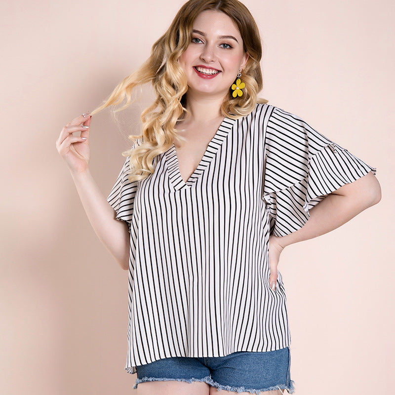 Women Plus Size Tops Spring/Summer Striped Top V-neck Loose T-shirt