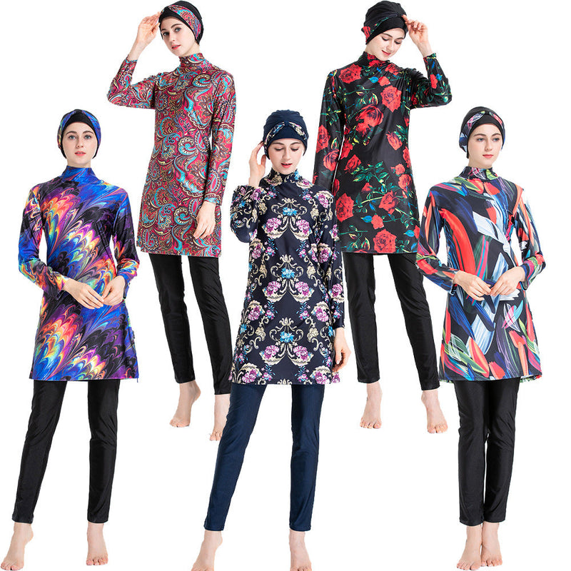 Burkini Muslim Swimwear Printed Slim Fit Three Piece Swimsuit Suit for Women