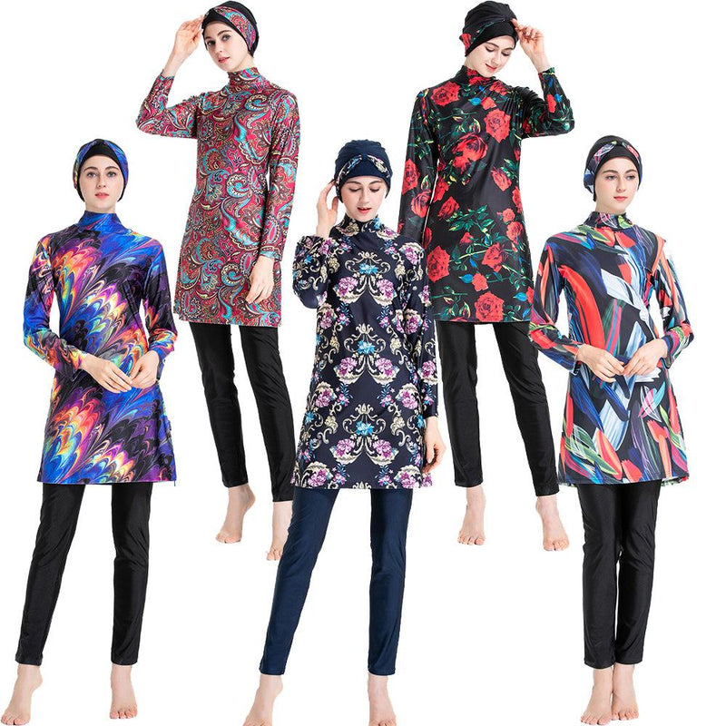 Burkini Muslim Swimwear Printed Slim Fit Three Piece Swimsuit Suit for Women