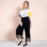 Women Plus Size Pants Black Casual Tassel Loose Wide Leg Pants