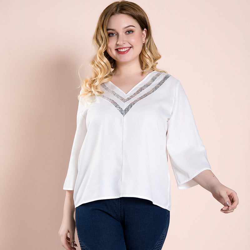 Women Plus Size Tops White Simple T-shirt V-neck Top