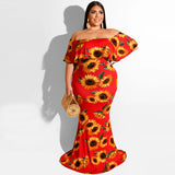 Women Plus Size Maxi Dresses Floral-Print Off-Shoulder Tight Bodycon Sexy Dress