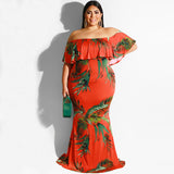 Women Plus Size Maxi Dresses Floral-Print Off-Shoulder Tight Bodycon Sexy Dress