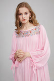 Bohemian Flower Embroidered Puff Sleeve Loose Vacation Style Long Dress Dress
