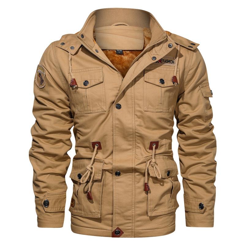 Men Fit Bomber Jacket Windbreaker Moto Street Coat Winter Casual plus Size Hooded Men's Jacket plus Velvet Thick Mid-Length Coat