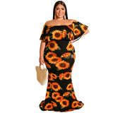 Women Plus Size Maxi Dresses Floral-Print Off-Shoulder Tight Bodycon Sexy Dress