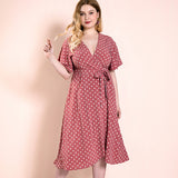 Women Plus Size Midi Dresses Polka-Dot Self-Tie Corset One-Piece Split Dress