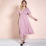 Women Plus Size Maxi Dresses Ruffled V-neck Pink Midi Dress