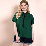 Women Plus Size Tops Summer Green T-shirt Ruffle Sleeve Round Neck Bowknot Casual Top